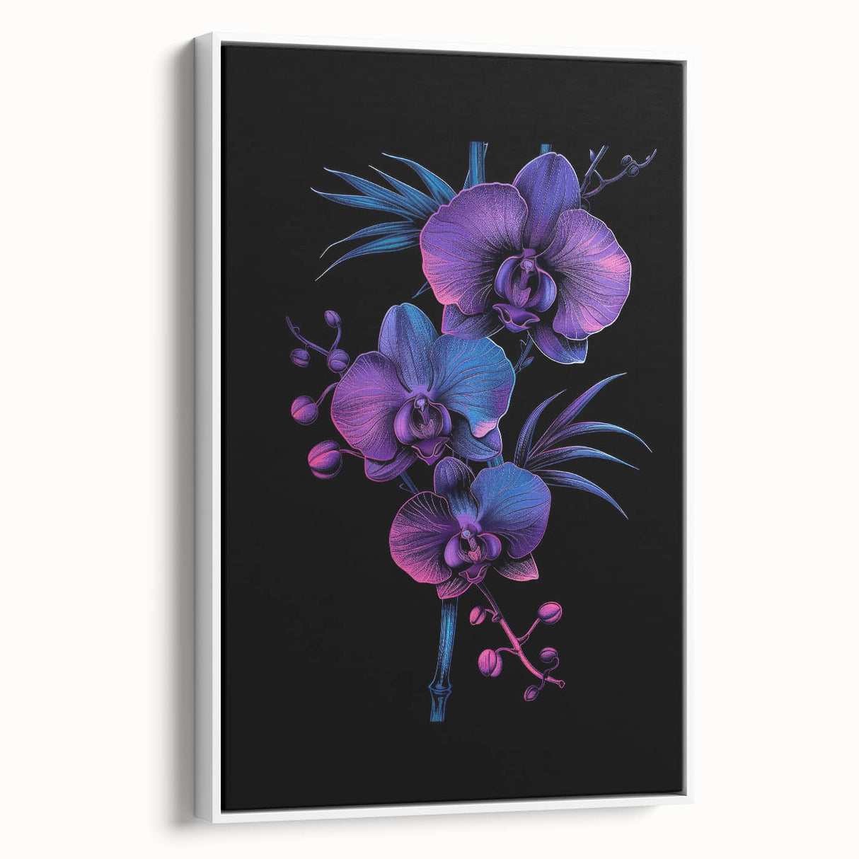 Framed canvas wall art featuring a vibrant botanical orchid design, presented in a sleek white frame, showcasing its elegant side view for stylish home decor.
