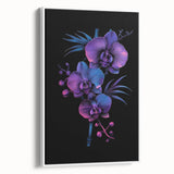 Framed canvas wall art featuring a vibrant botanical orchid design, presented in a sleek white frame, showcasing its elegant side view for stylish home decor.