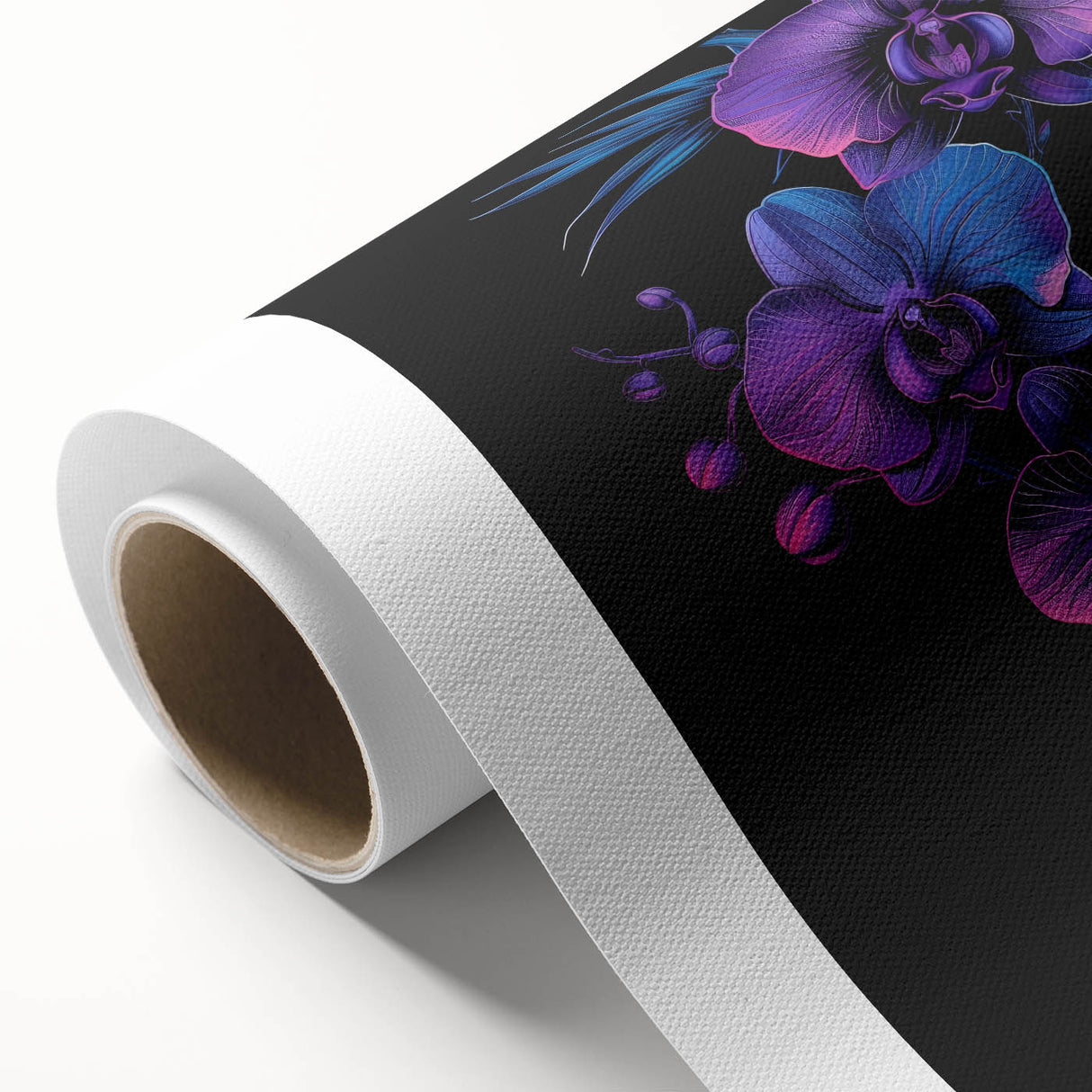 Rolled canvas showcasing an elegant botanical orchid design in vibrant colors, perfect for home decor. Ideal for adding a touch of nature to any room.