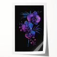 Botanical wall art featuring a vibrant orchid design in hues of purple and green, elegantly rolled for easy display and shipping, perfect for home decor enthusiasts.