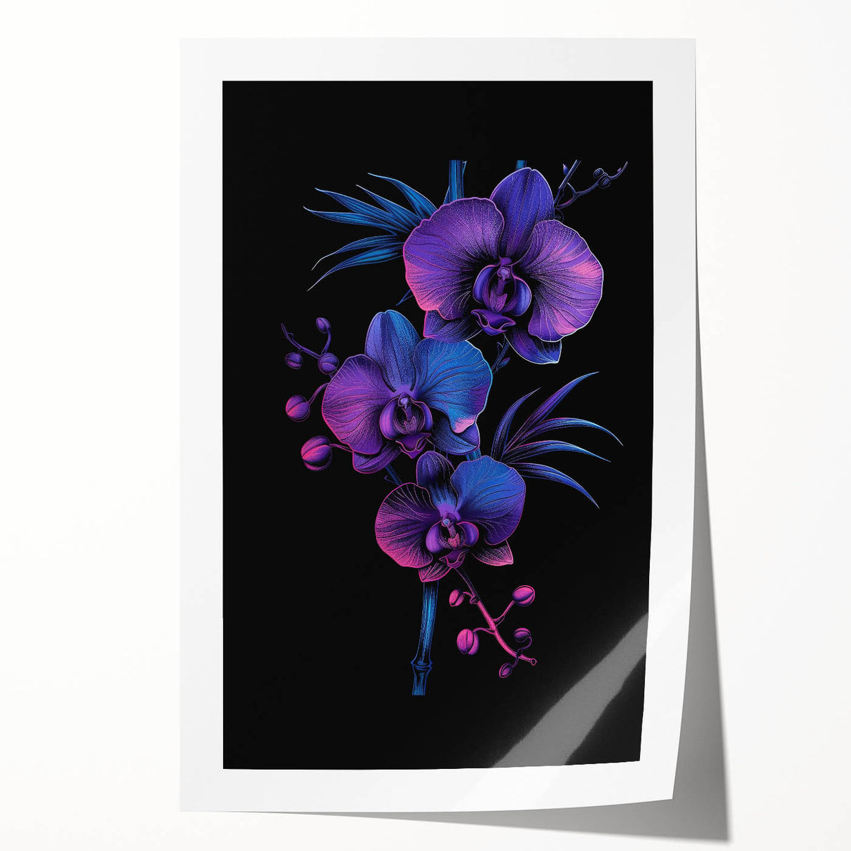 Botanical wall art featuring a vibrant orchid design in hues of purple and green, elegantly rolled for easy display and shipping, perfect for home decor enthusiasts.