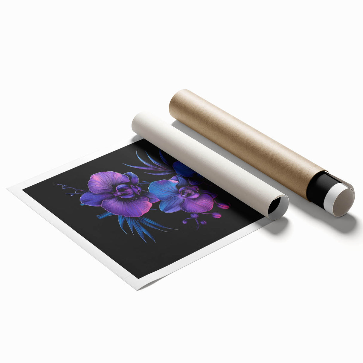 Botanical wall art print showcasing a vibrant orchid design in shades of pink and green, rolled and ready for framing. Ideal for nature-inspired decor.