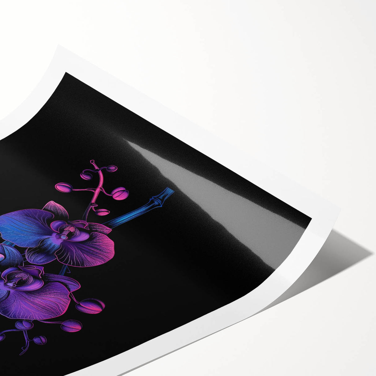 Botanical wall art print featuring vibrant orchids in shades of pink and purple, beautifully designed for home decor, rolled for easy framing and display.