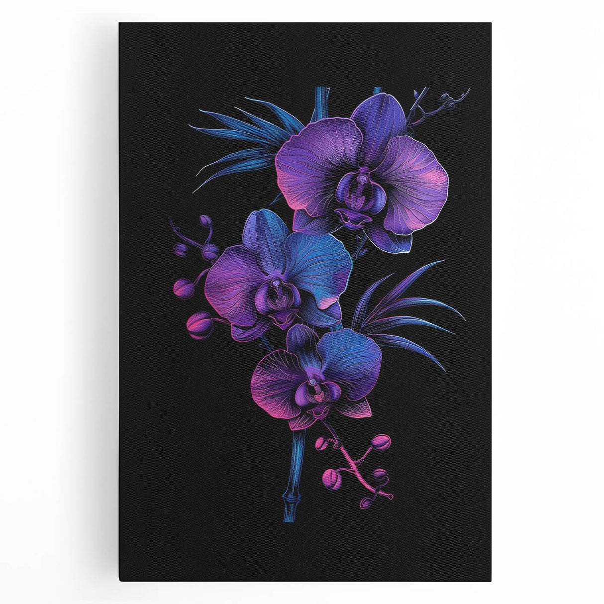 Botanical orchid wall art on stretched canvas showcasing vibrant purple and white flowers, perfect for home decor or nature-themed interiors.