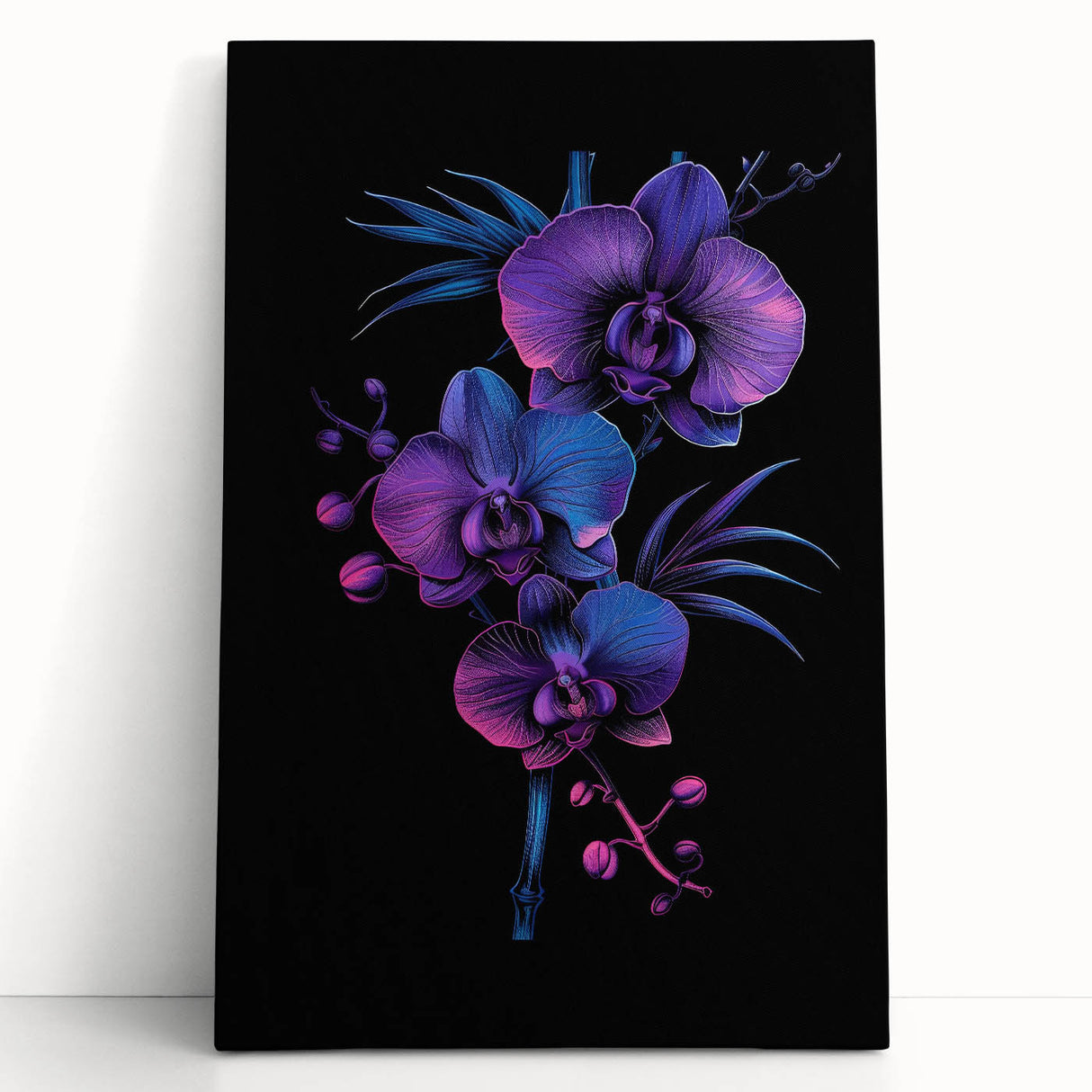 Stretched canvas wall art showcasing a vibrant botanical orchid design in rich colors, perfect for home decor, adding elegance and a touch of nature to any room.