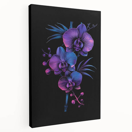 Stretched canvas artwork showcasing a vibrant botanical orchid design in a side view, perfect for home decor. Ideal for floral enthusiasts and interior designers.
