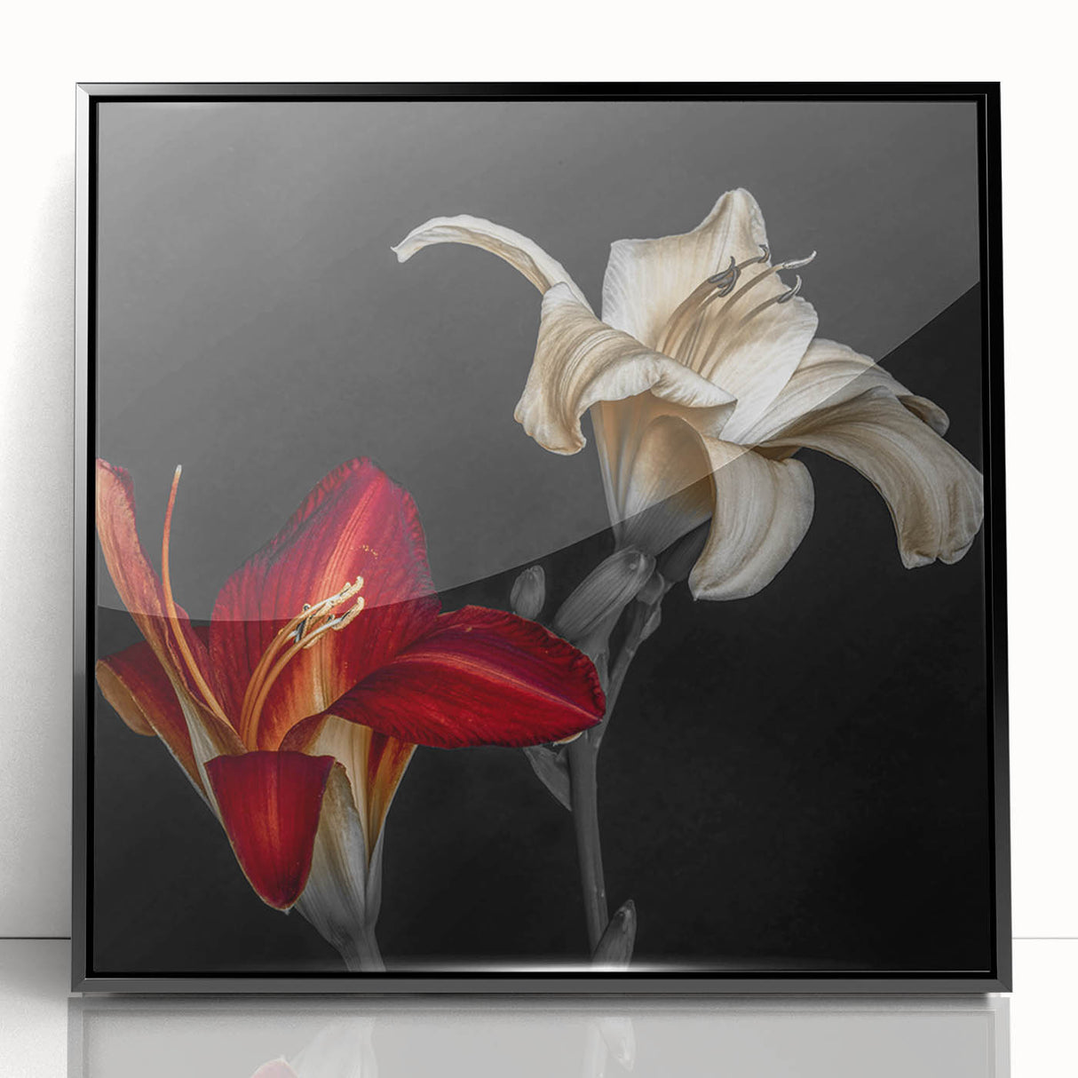 Framed botanical wall art featuring a vibrant orchid design in black acrylic frame, perfect for home decor. Ideal for nature lovers and art enthusiasts.