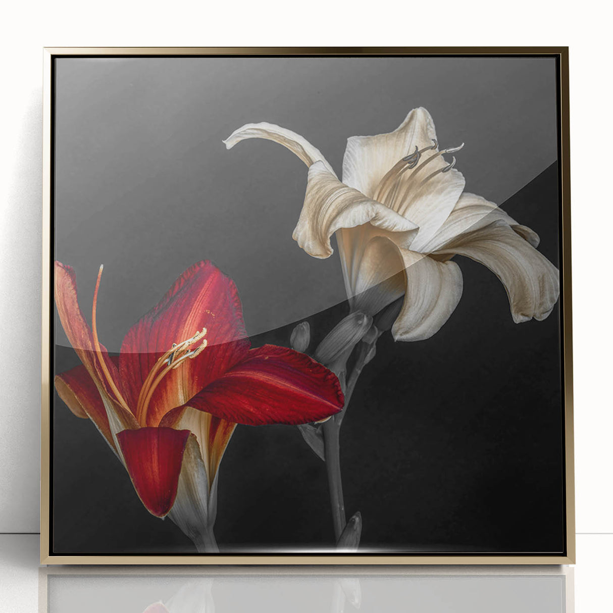 Framed wall art featuring a botanical orchid design with vibrant colors, gold accents, and acrylic front, perfect for adding elegance to home decor.