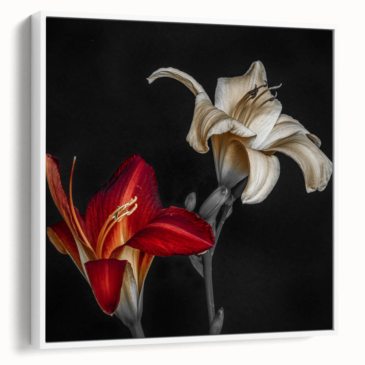 Framed botanical wall art featuring a vibrant orchid design on canvas, displayed in a white frame, ideal for enhancing modern home decor.