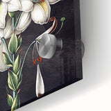 Close-up of a vibrant botanical orchid design wall art piece, showcasing intricate details and rich colors on acrylic glass, perfect for home decor enhancement.