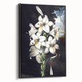 Framed botanical wall art featuring an elegant orchid design on a black background, showcasing vibrant colors and fine details, ideal for modern home decor.