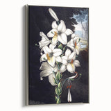 Framed canvas wall art featuring a vibrant botanical orchid design, elegantly displayed in a silver frame, showcasing intricate floral details and colors.