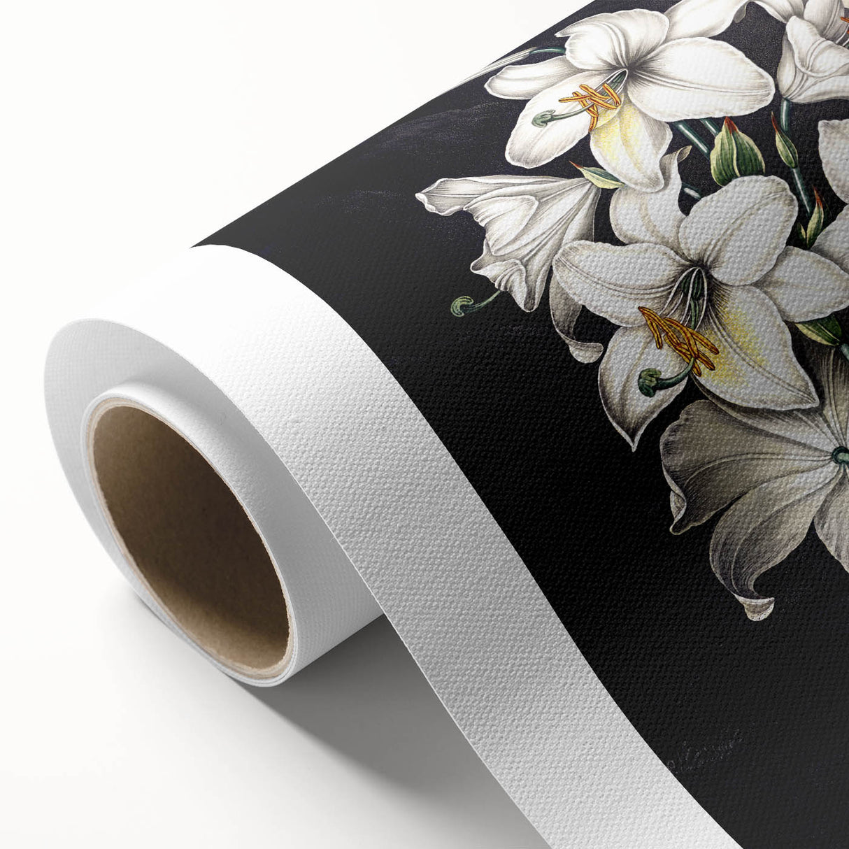 Vibrant botanical orchid wall art design on rolled canvas, showcasing detailed floral illustrations in rich colors, perfect for home decor or art collection.