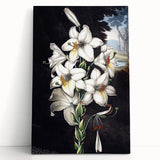 Stretched canvas wall art showcasing a vibrant botanical orchid design with intricate details, perfect for home decor or office spaces, emphasizing nature's beauty.