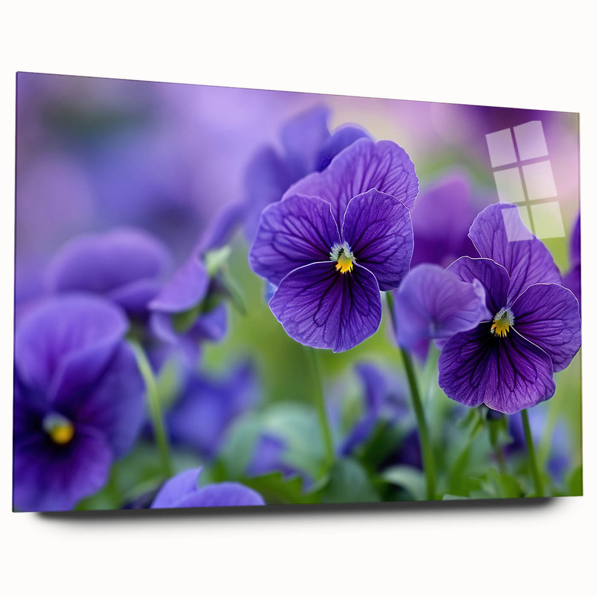Acrylic glass wall art showcasing a vibrant botanical pansy design, elegantly displayed from the side without pins, perfect for enhancing home decor.