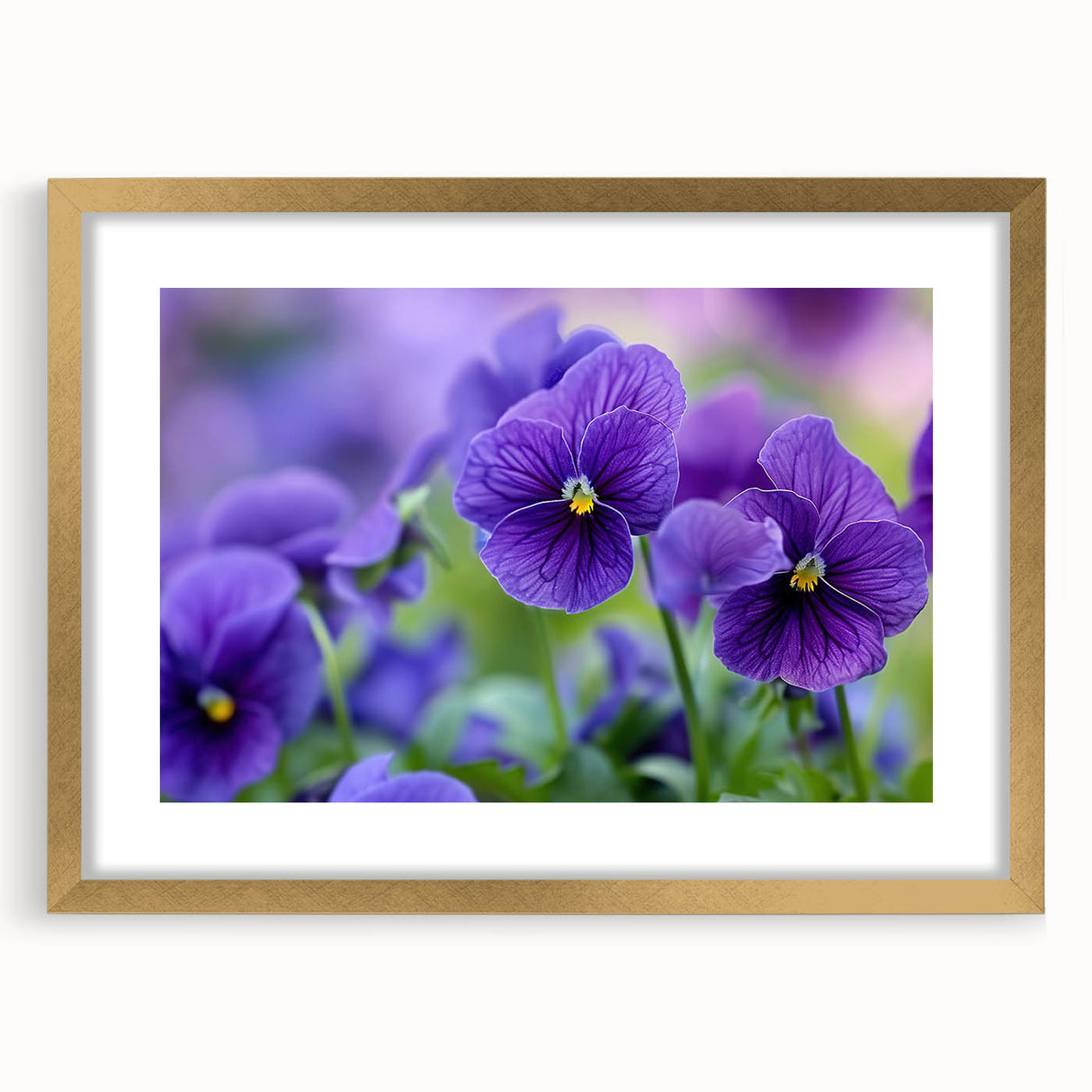 Botanical wall art featuring a vibrant pansy design framed in gold, showcasing intricate floral details and a mat finish, perfect for home decor.