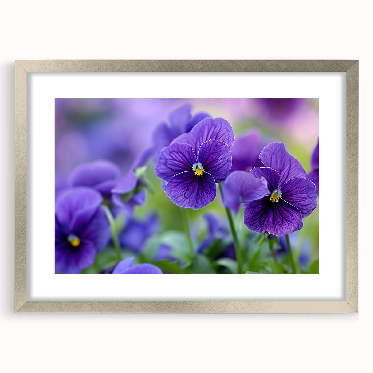 Elegant botanical wall art featuring a vibrant pansy design in a silver frame with matting, ideal for home decor and floral enthusiasts. Perfect for adding a touch of nature to your interior space.