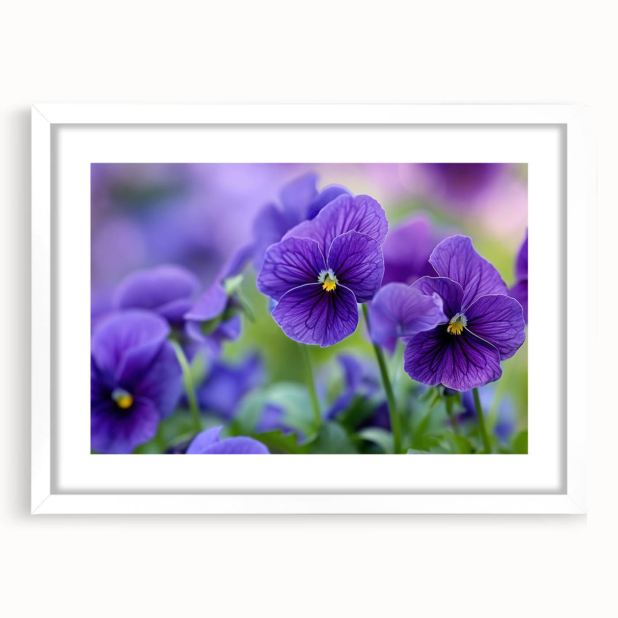 Botanical wall art featuring a detailed pansy design in soft pastel colors, framed with a white mat, showcasing elegant floral aesthetics for home decor.