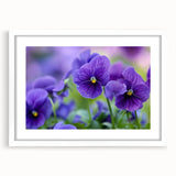 Botanical wall art featuring a detailed pansy design in soft pastel colors, framed with a white mat, showcasing elegant floral aesthetics for home decor.