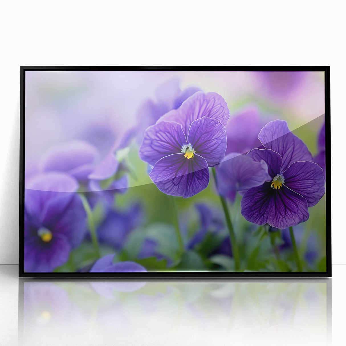 Framed botanical wall art featuring a vibrant pansy design with intricate details, displayed in a sleek black frame, perfect for home decor enthusiasts.