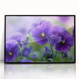 Framed botanical wall art featuring a vibrant pansy design with intricate details, displayed in a sleek black frame, perfect for home decor enthusiasts.