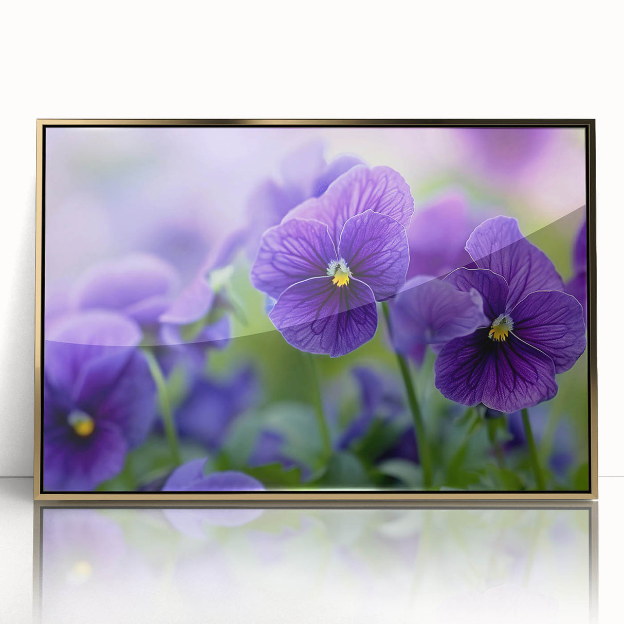 Framed botanical wall art featuring a vibrant pansy design with gold accents, displayed in an elegant acrylic frame, ideal for adding a touch of nature to home decor.