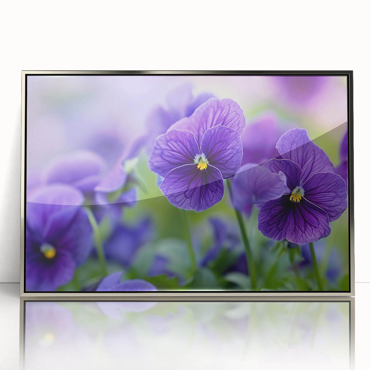 Framed wall art featuring a botanical pansy design in vibrant colors, set in a sleek silver frame, ideal for home decor and floral enthusiasts.