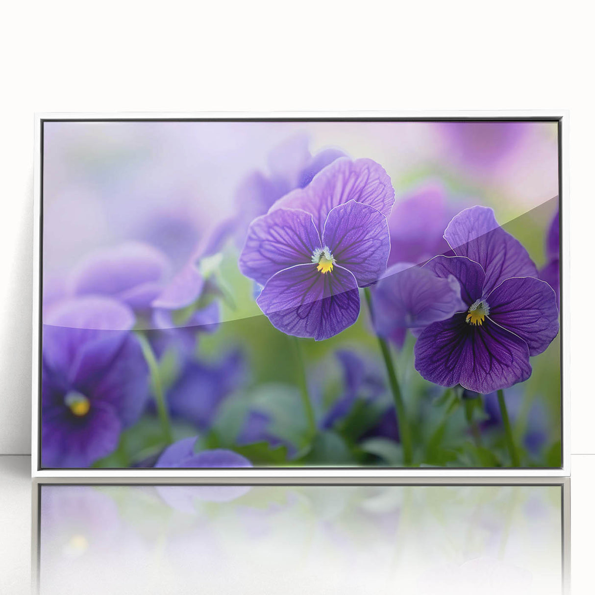 Framed botanical wall art featuring a vibrant pansy design in shades of purple and yellow, set against a clean white background, perfect for home decor.