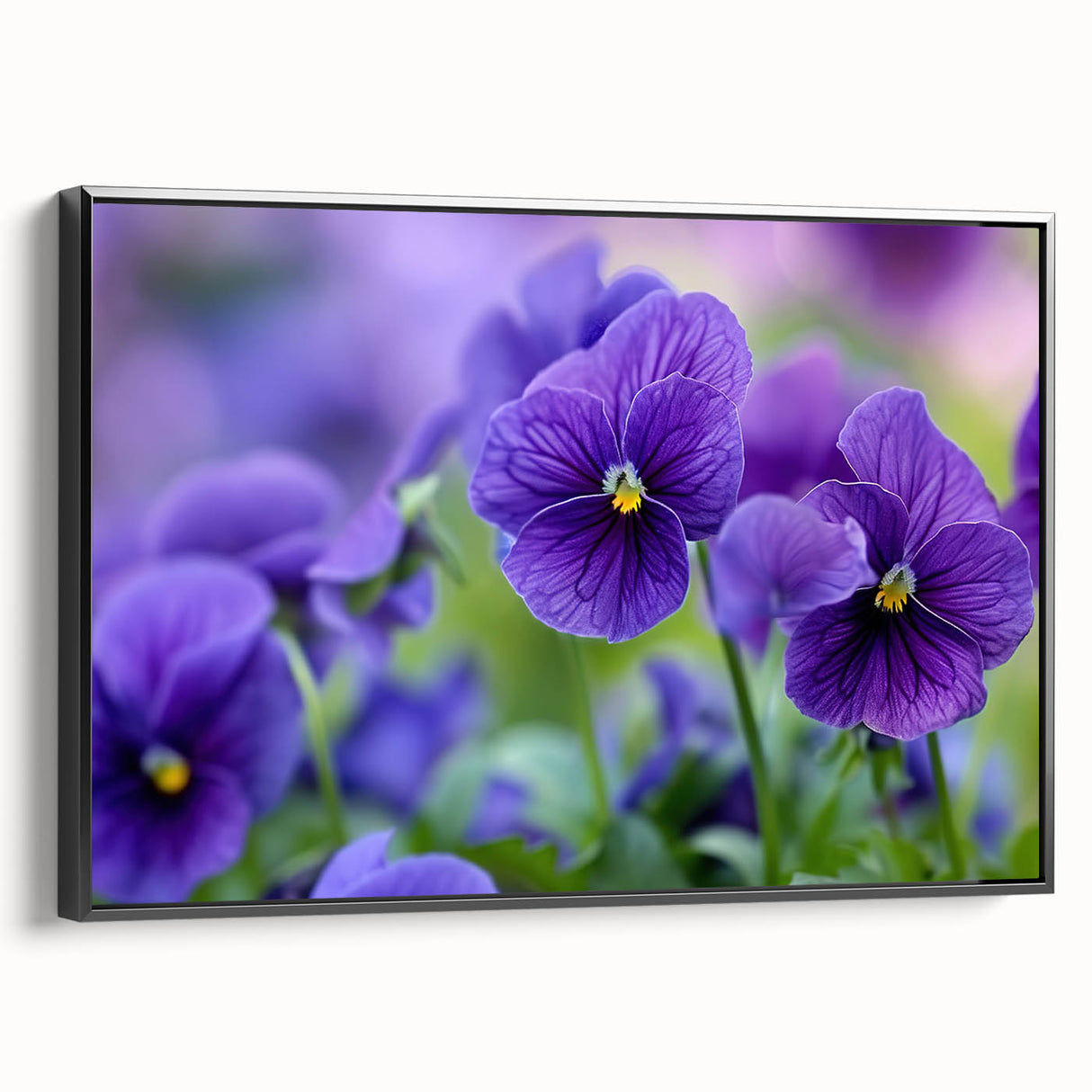 Framed botanical wall art featuring a vibrant pansy design in rich colors, set against a sleek black frame, showcasing a side view that highlights its elegant finish. Perfect for enhancing any modern decor with a touch of nature.