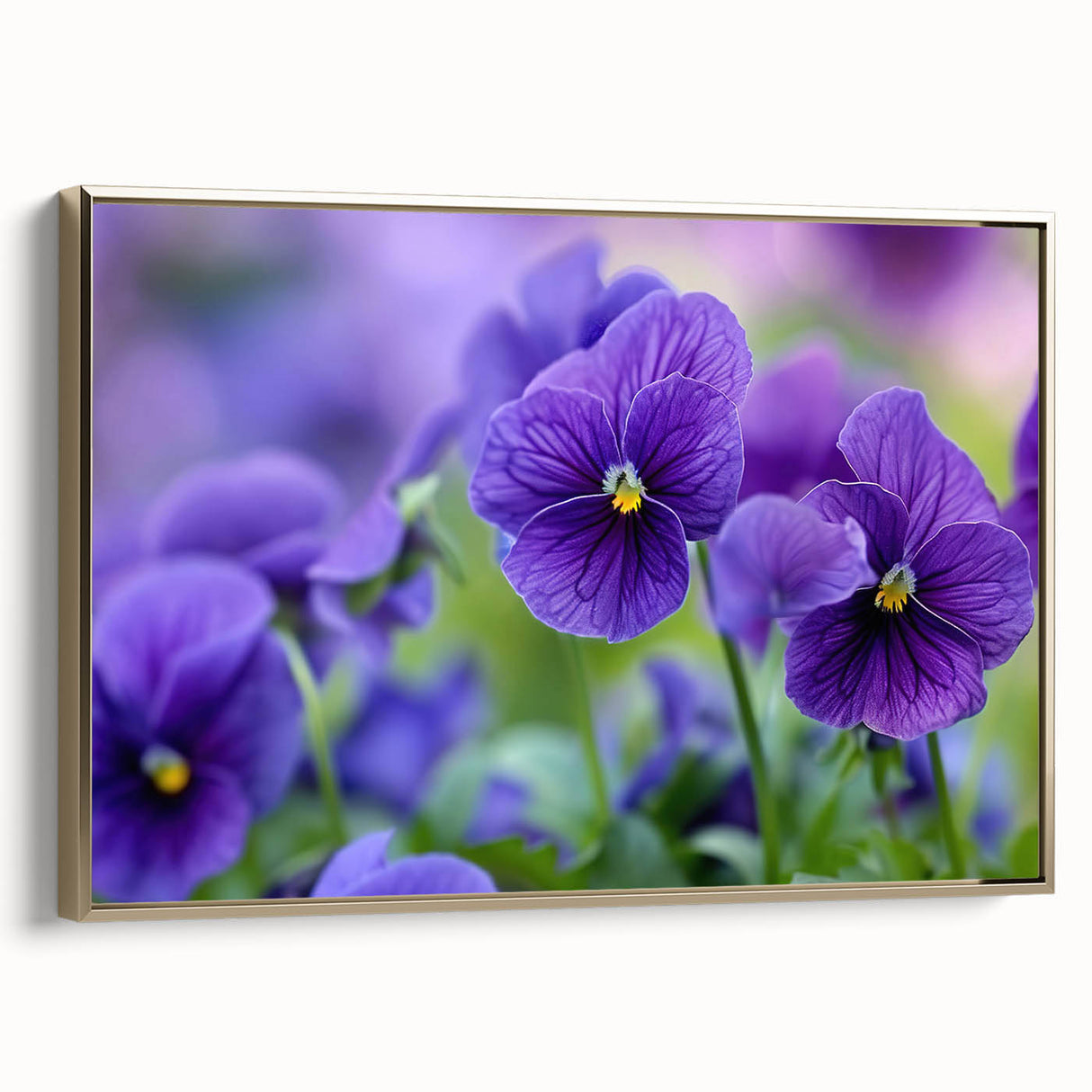 Framed wall art featuring a botanical pansy design in vibrant colors, set against a gold frame, showcasing elegant floral aesthetics for home decor.