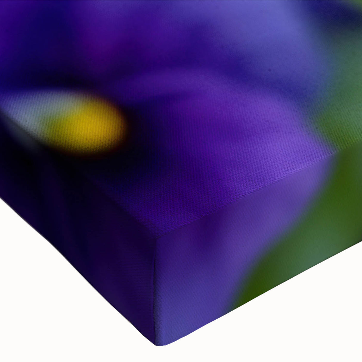 Close-up of a vibrant botanical wall art design featuring colorful pansies on stretched canvas, showcasing intricate details and textures ideal for home decor.