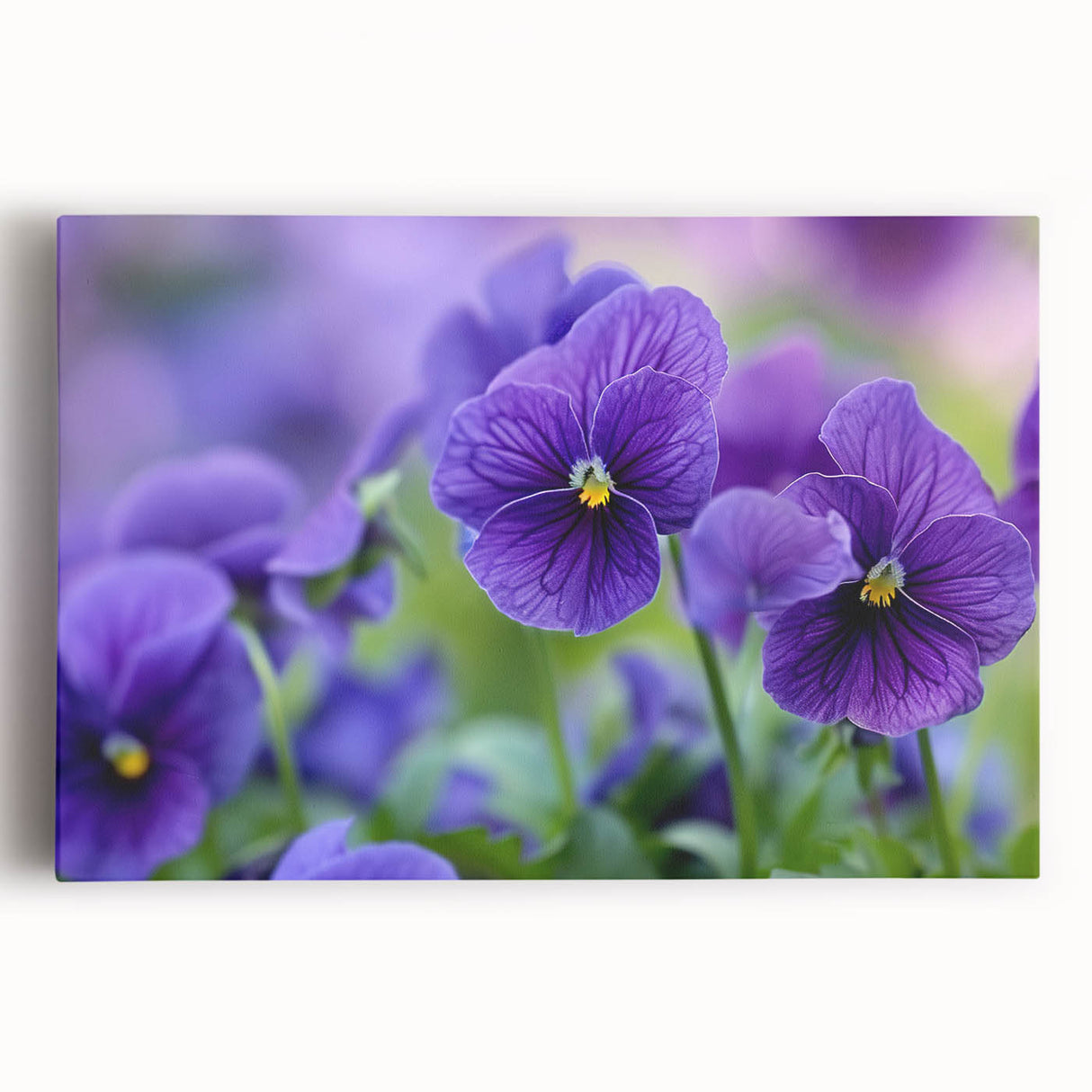 Stretched canvas wall art featuring a vibrant botanical pansy design, showcasing intricate floral details in rich colors, ideal for home decor enhancement.