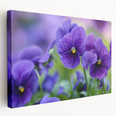 Stretched canvas wall art showcasing a vibrant botanical pansy design with intricate details, displayed from a side view, ideal for adding color to home decor.