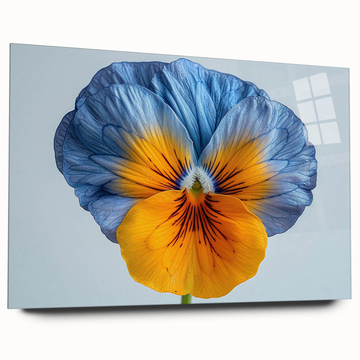 Vibrant botanical pansy wall art collection displayed in an elegant acrylic glass frame, showcasing rich colors and intricate floral details, perfect for home decor.