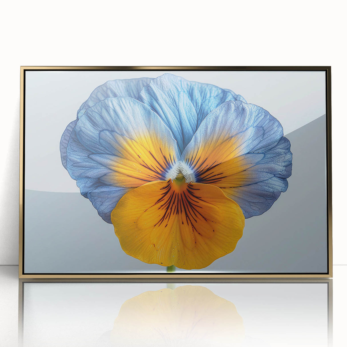 Framed wall art featuring a botanical design of colorful pansies against a gold-acrylic background, perfect for enhancing modern home decor with floral elegance.