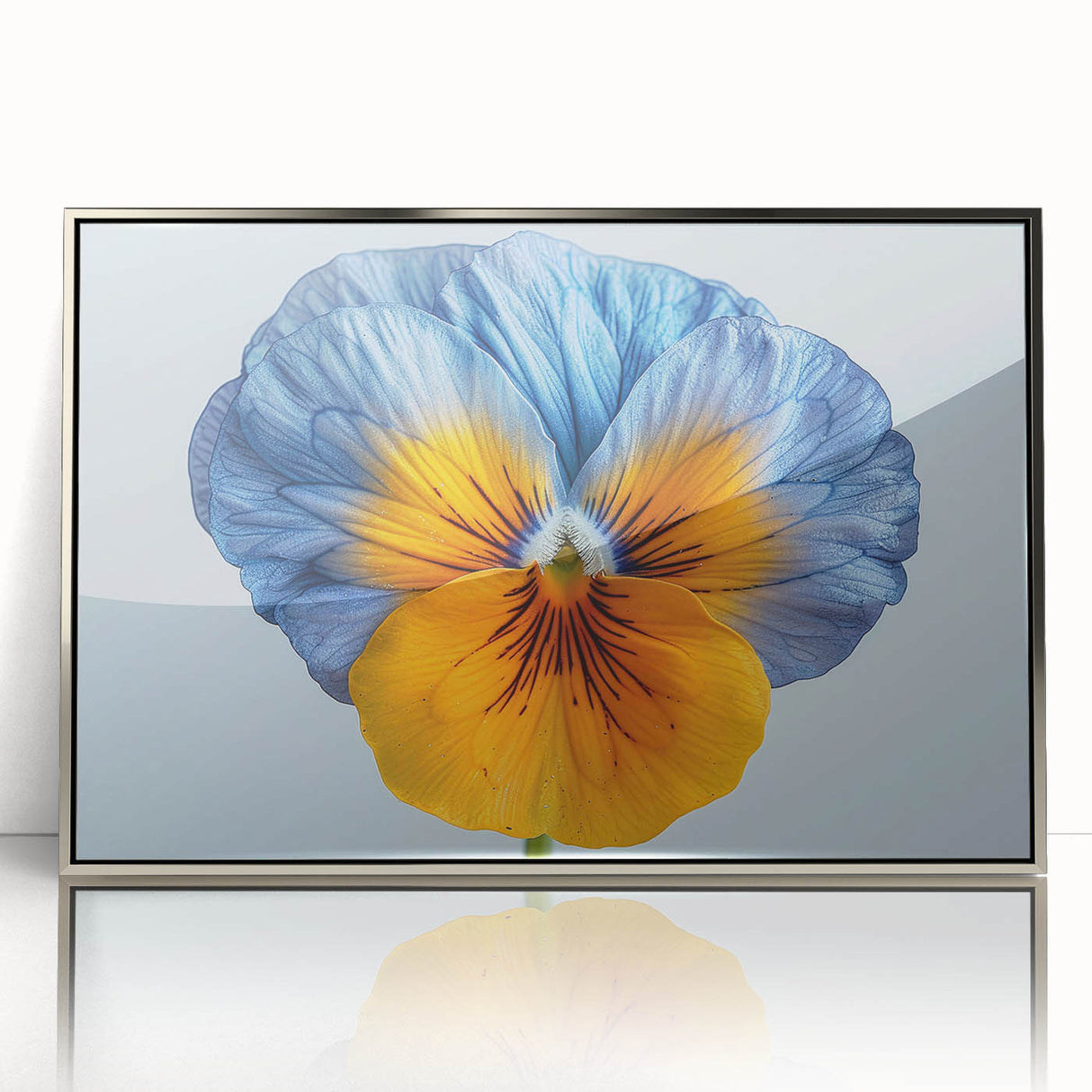 Framed botanical wall art featuring a detailed design of vibrant pansies in an elegant silver frame, ideal for enhancing home decor and adding a touch of nature.