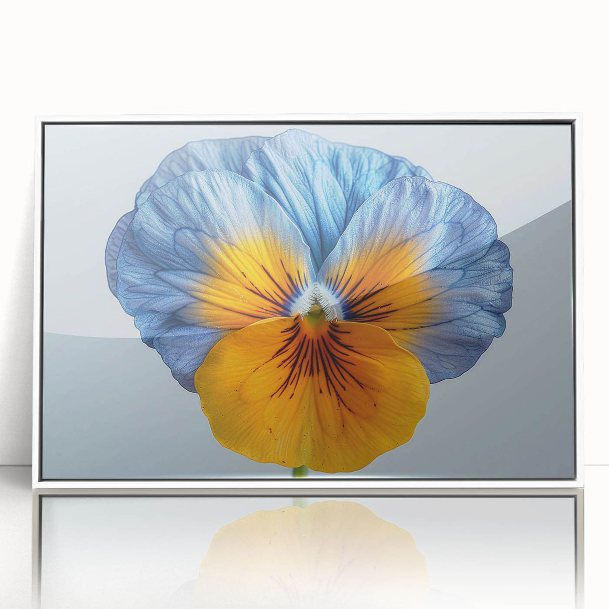 Framed wall art showcasing a vibrant botanical design of pansies in shades of purple and yellow, presented in a sleek white frame with an acrylic front. Perfect for adding a touch of nature to home decor.