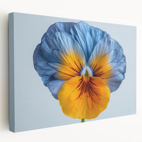 Stretched canvas wall art featuring a botanical design of vibrant pansies, showcasing rich colors and intricate floral details, perfect for home decor enhancement.