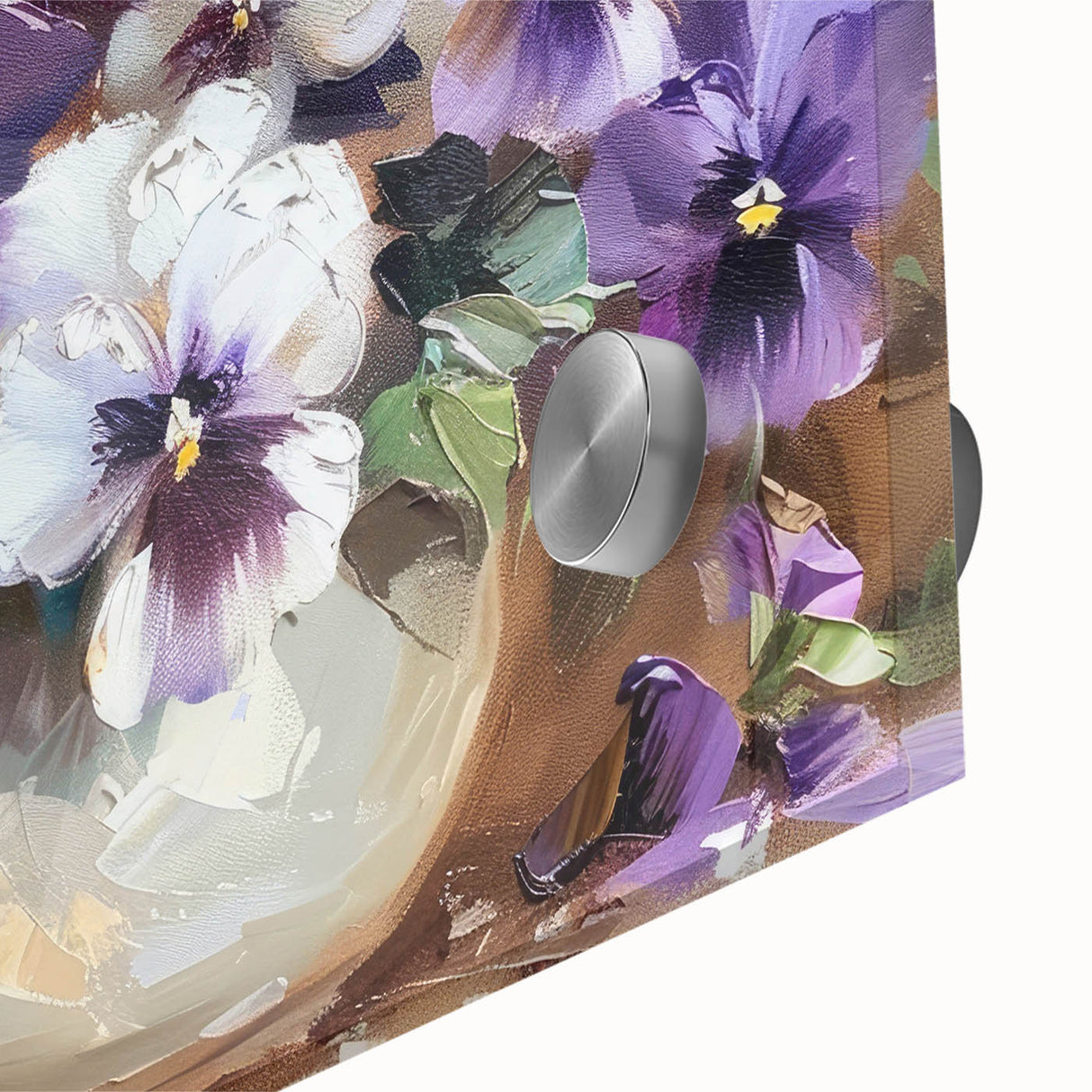 Close-up of a botanical wall art piece showcasing vibrant pansy flowers with intricate details, set against a sleek acrylic glass background, perfect for home decor.