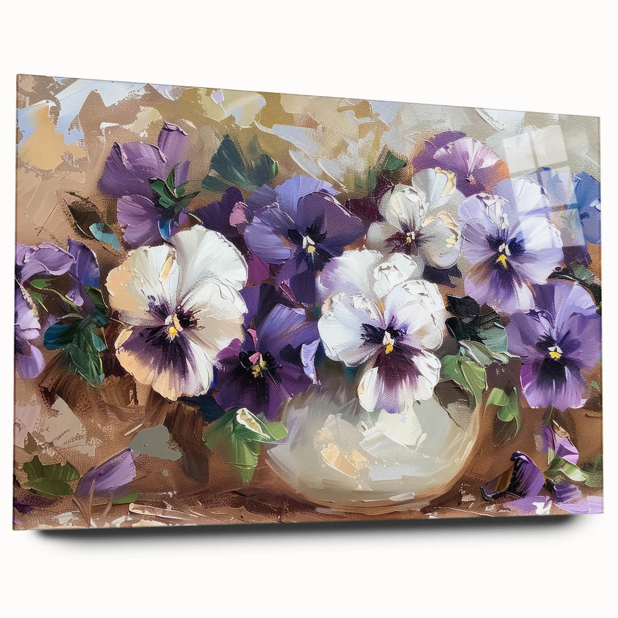 Acrylic glass wall art featuring a botanical pansy design, showcasing vibrant colors and intricate details, perfect for home decor and floral enthusiasts.