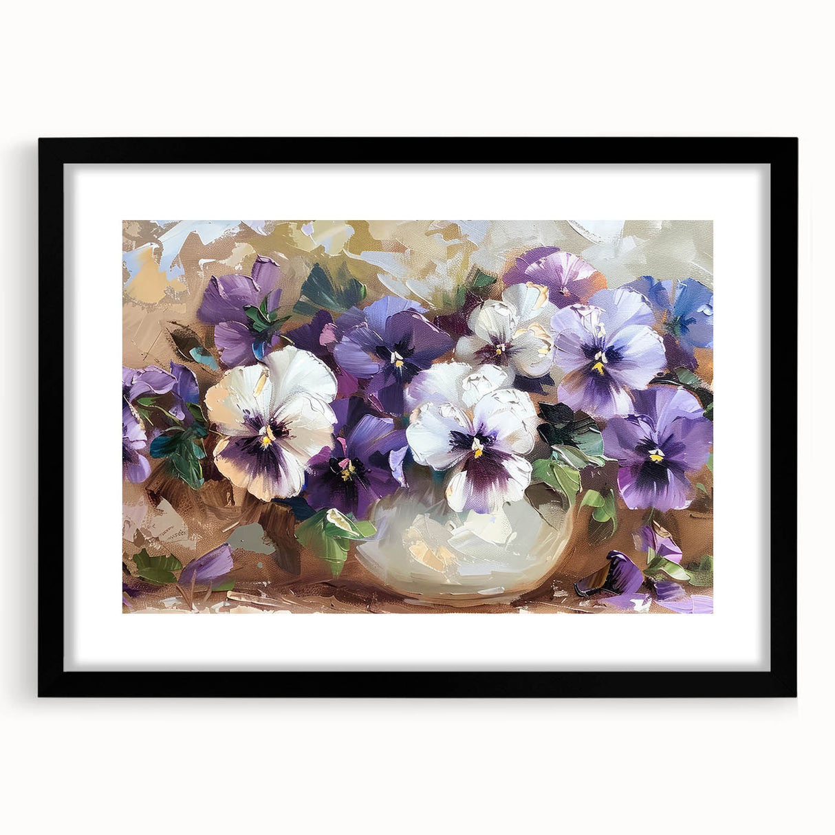 Botanical wall art featuring a detailed pansy design, framed in black with a mat for an elegant presentation, ideal for home decor and floral enthusiasts.