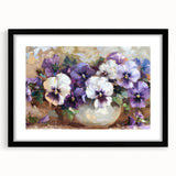Botanical wall art featuring a detailed pansy design, framed in black with a mat for an elegant presentation, ideal for home decor and floral enthusiasts.