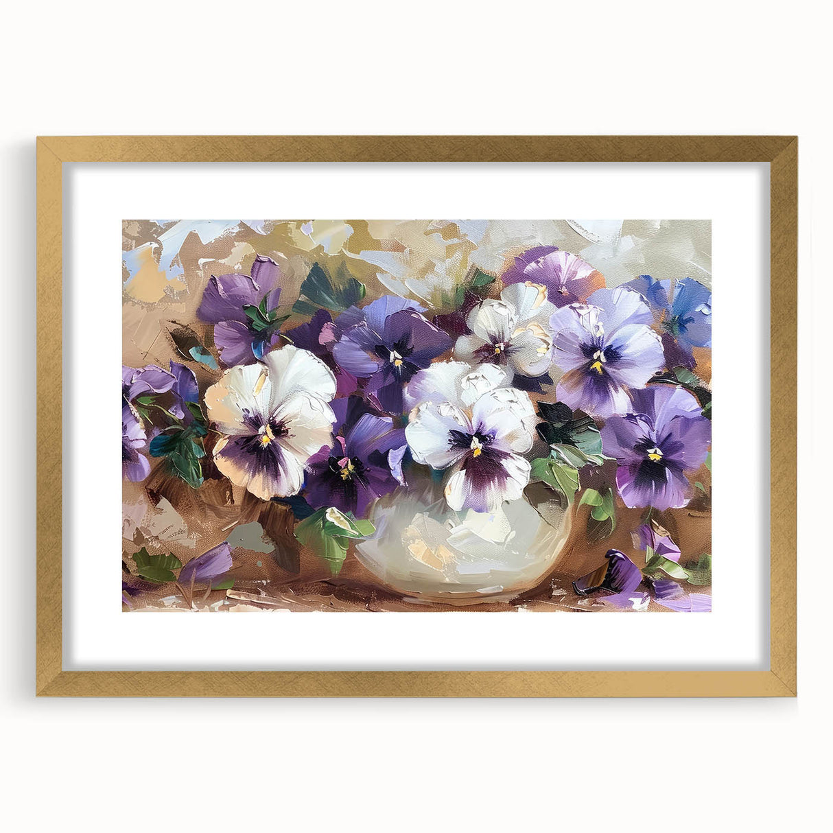 Elegant botanical wall art featuring a vibrant pansy design in a gold frame with a mat, perfect for enhancing home decor. Ideal for flower lovers and art enthusiasts.