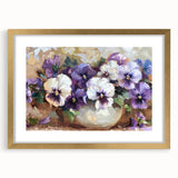 Elegant botanical wall art featuring a vibrant pansy design in a gold frame with a mat, perfect for enhancing home decor. Ideal for flower lovers and art enthusiasts.