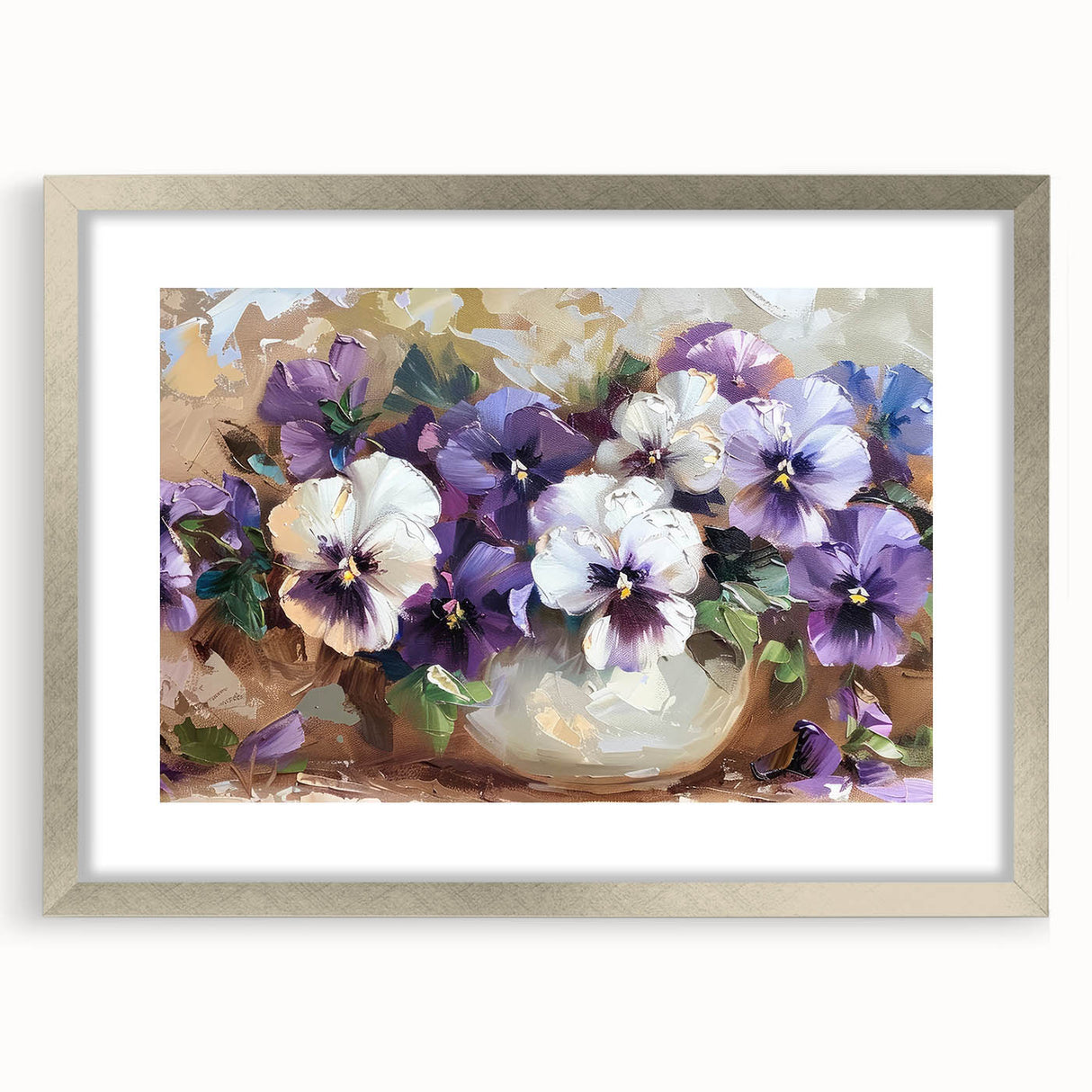 Botanical wall art print featuring a vibrant pansy design, elegantly framed with a silver mat, perfect for adding a touch of nature-inspired decor to any living space.