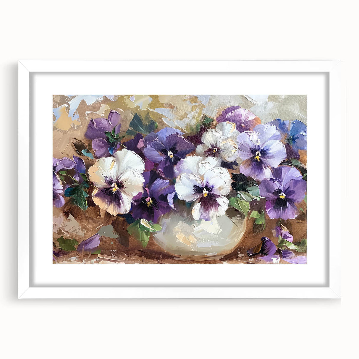 Framed botanical wall art featuring vibrant pansies in a white mat, showcasing intricate floral details, perfect for home decor or gifting.