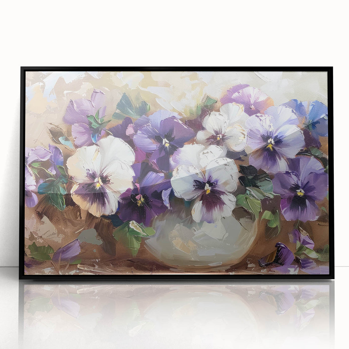 Framed botanical wall art featuring a vibrant pansy design with a black frame, showcasing intricate floral details against a neutral background, perfect for home decor.