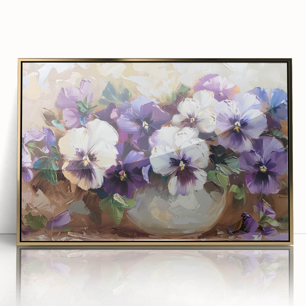 Framed botanical wall art featuring a vibrant pansy design with intricate details, set in a gold frame, ideal for home decor enhancement and floral-themed interiors.