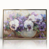 Framed botanical wall art featuring a vibrant pansy design with intricate details, set in a gold frame, ideal for home decor enhancement and floral-themed interiors.
