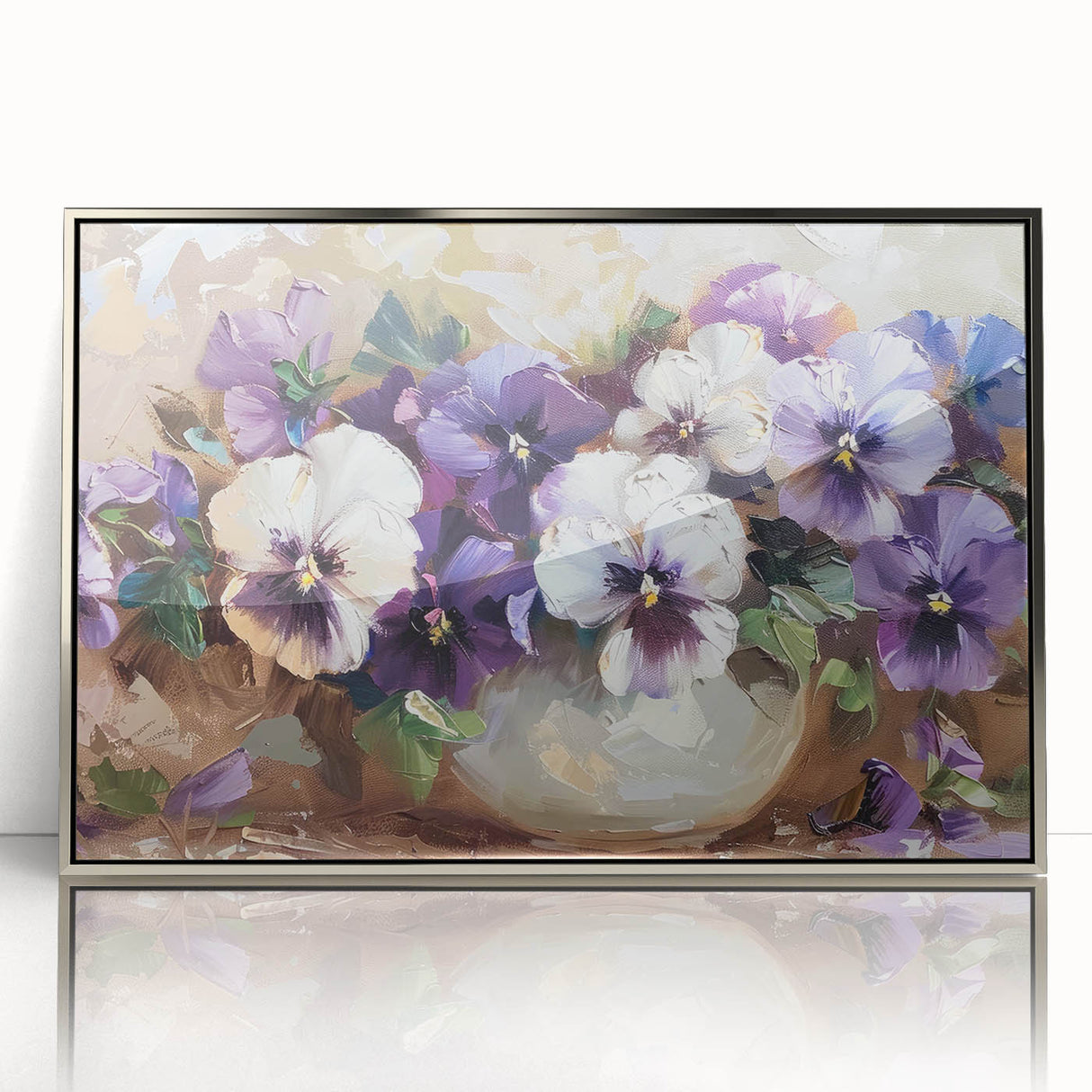 Framed wall art showcasing a botanical design of vibrant pansies in a silver-acrylic frame, perfect for adding a touch of nature-inspired elegance to home decor.